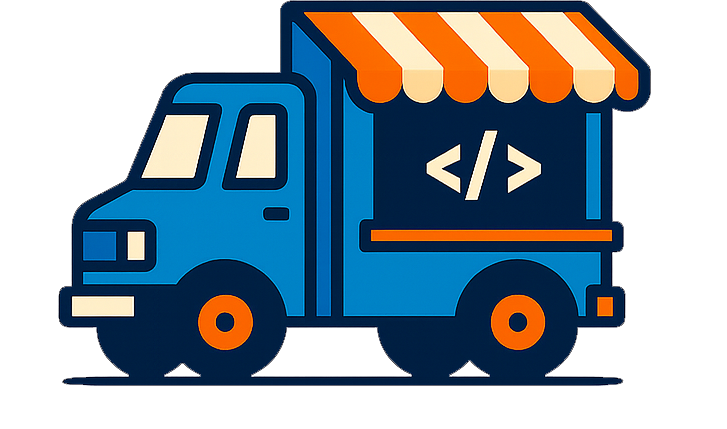 Code Truck — a blue and orange food truck with code symbols
